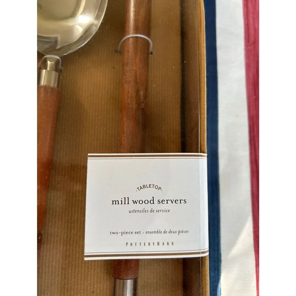 Pottery Barn NEW- Wood Handle Stainless Steel Serving Spoon and Fork Set